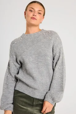 FREEQUENT FQPEARL - PULLOVER MED PERLER - GRÅ