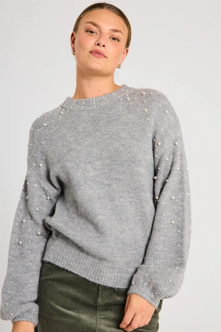 FREEQUENT FQPEARL - PULLOVER MED PERLER - GRÅ