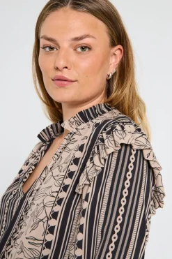 FREEQUENT FQTIDY - MØNSTRET BLUSE - SORT OG BEIGE